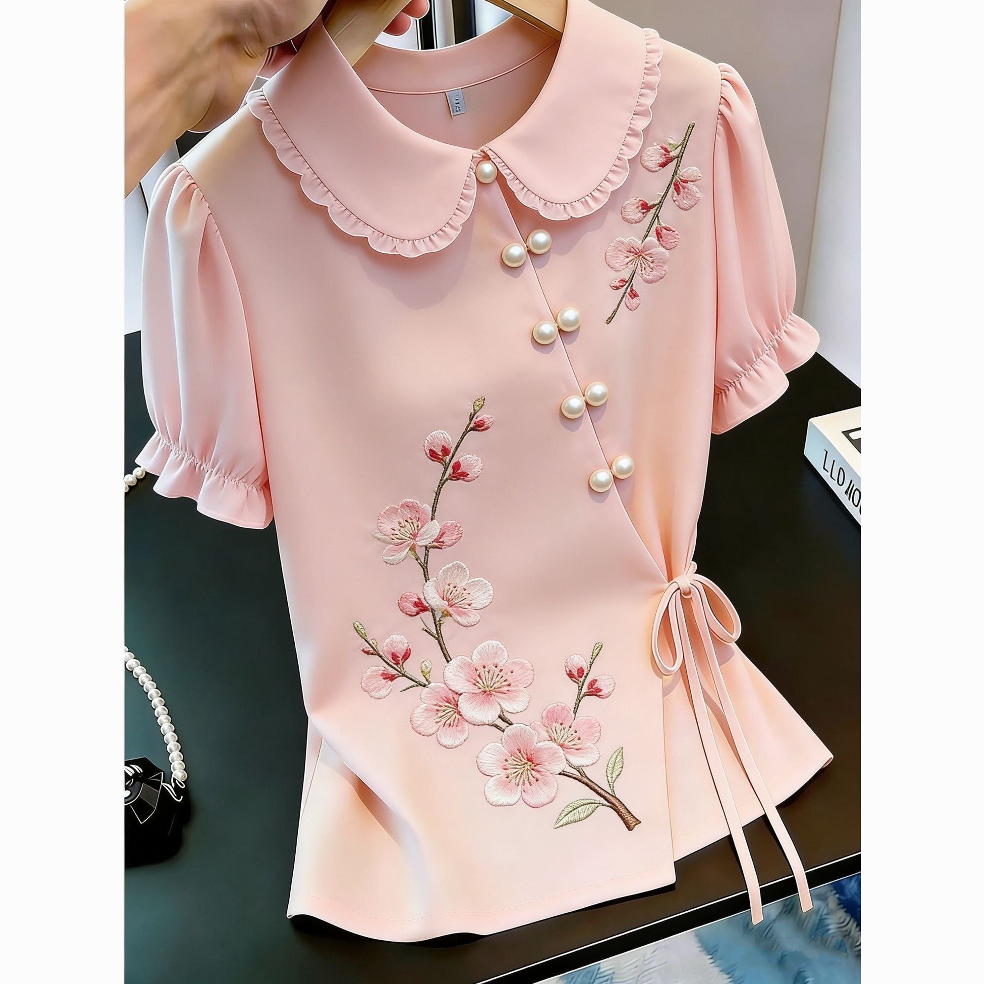 Tie Front Shirt - Camicia Ricamata Stile Cinese con Laccetti,